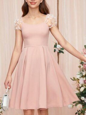 Girls Shein Beautiful Dusty Rose Sheer Floral Puff Sleeve Dress Stretch sz 12/13